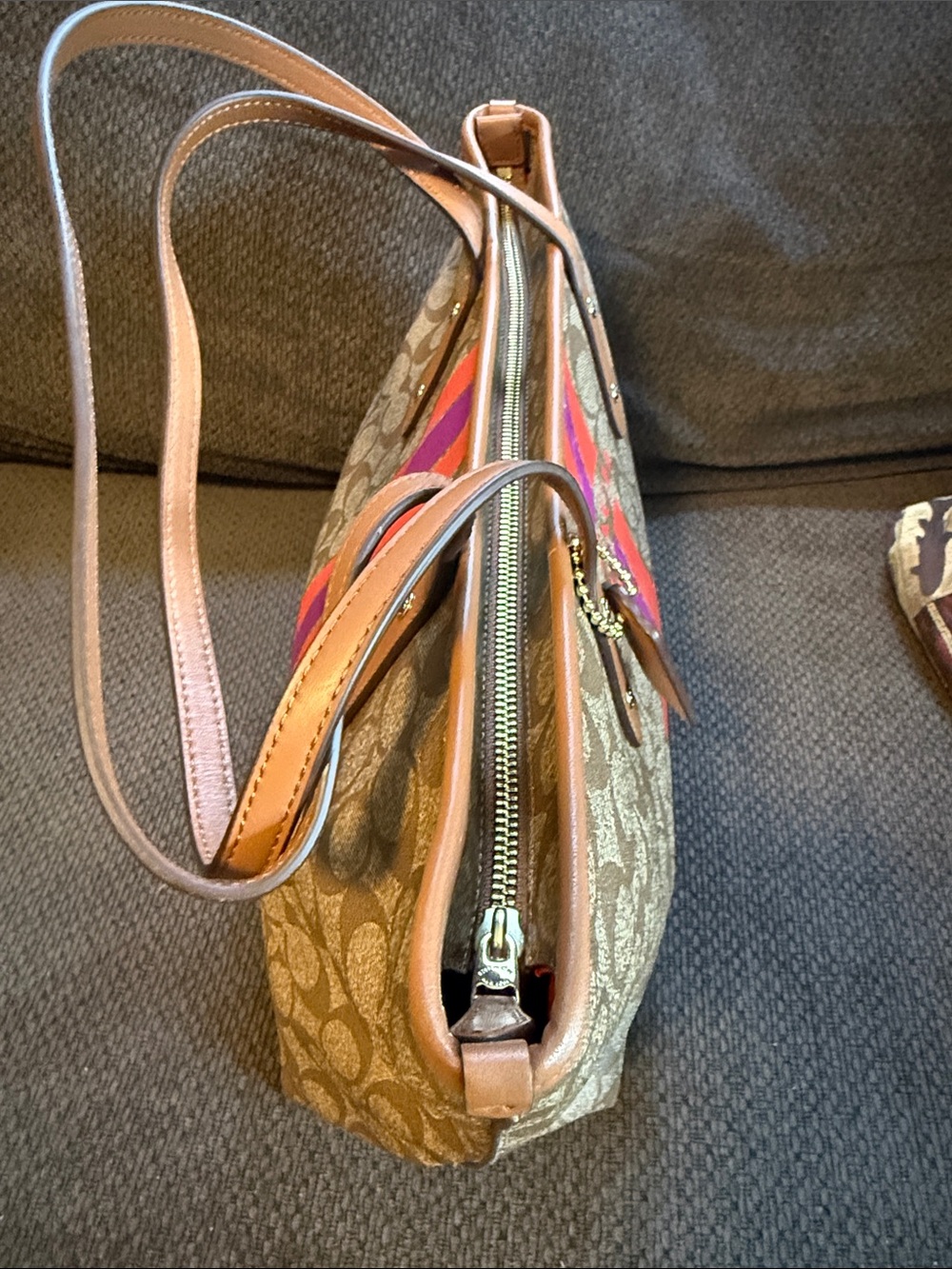 COACH F38405 Varsity Stripe City Zip Tote Bag Red Purple Signature Canvas - Picture 5 of 8